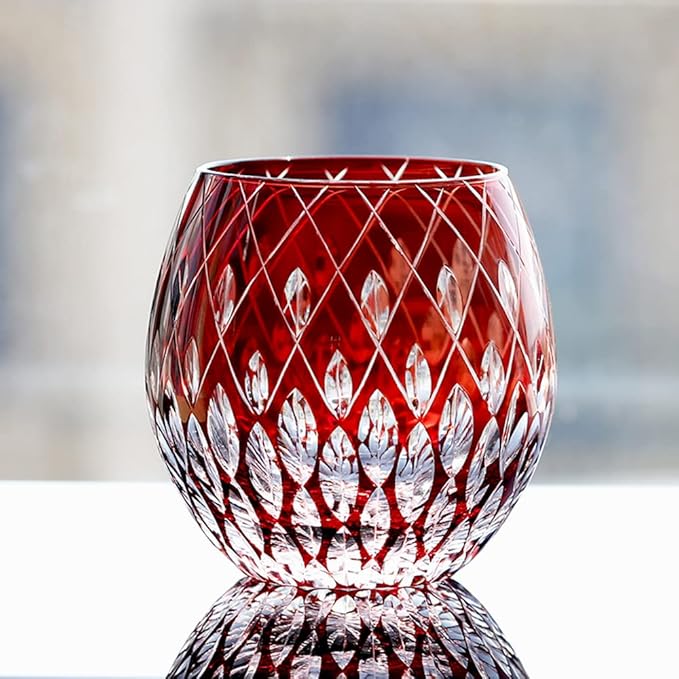 JINZHI Japanese Style EDO Kiriko Whiskey Glasses 11OZ Unique Shape Colored Hand Carved Glass Tumbler for Bourbon Lovers - Style Glassware for Rum - Rocks glasses in Gift Box (Red)