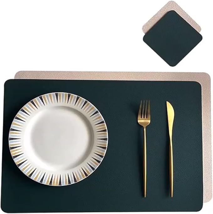 PU Place Mats Faux Leather Double Side Placemat and Coaster Set of 1/4/6 Easy to Clean Table Mat Waterproof Wipeable(DP Green and Cream,6sets)
