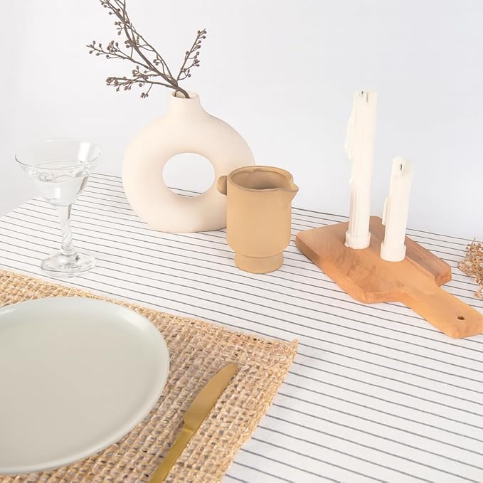 MONDAY MOOSE Striped Farmhouse Picnic Style Decoration Rectangle Natural Stonewashed Cotton Tablecloth for Kitchen, Dining Room, Restaurant (60x120 inch, White/Black Stripes)