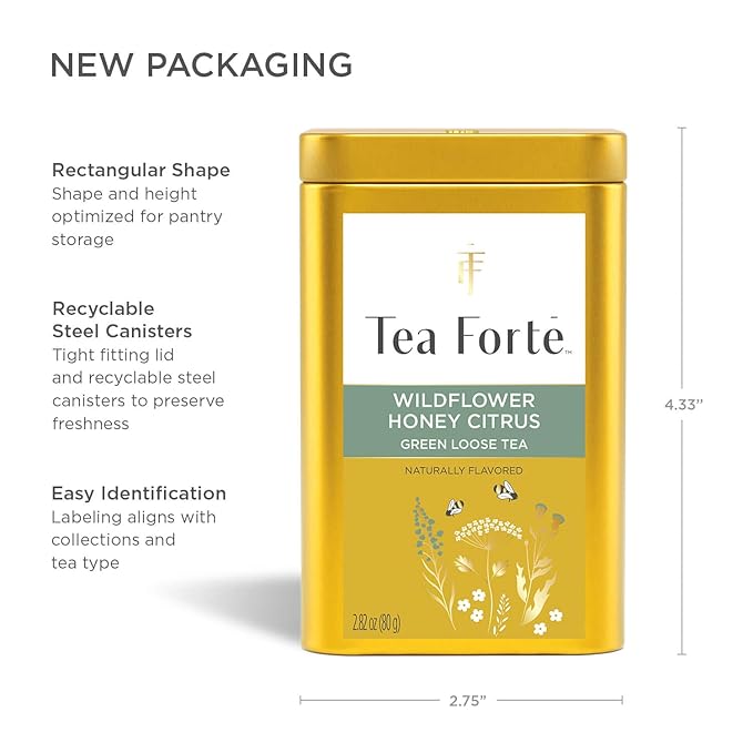 Tea Forte Wildflower Honey Citrus Premium Loose Leaf Caffeinated Green Tea Blend Canister, Makes 35-50 Cups