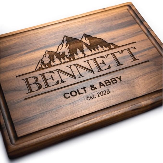 Personalized Cutting Board, Custom Wedding, Anniversary or Housewarming Gift Idea, Wood Engraved Charcuterie, for Family and Friends, Adventure Mountain Design 108