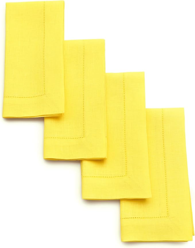 Solino Home Sunshine Yellow Linen Napkins Set of 4-100% Pure Linen Hemstitch Dinner Napkins 20 x 20 Inch for Spring, Easter - Classic Hemstitch