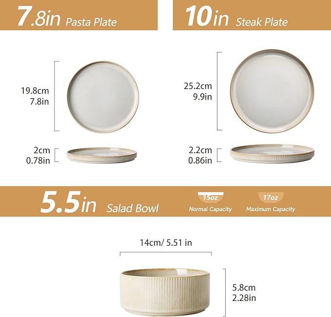 Stoneware Dinnerware Sets for 4, Stoneware Plates and Bowls Set, 12-Piece Ribbed Dishes – Chip & Scratch Resistant, Microwave and Dishwasher Safe Tableware, Warm White