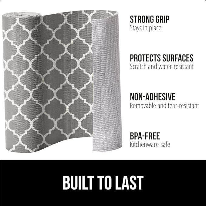 GORILLA GRIP DripGuard Shelf Liner, Non Adhesive Drawer and Kitchen Cabinet Protector, 24x240 Inch, Slip Resistant BPA Free Smooth Surface Plastic Liners for Cabinets, Bathrooms, Closets, White Gray
