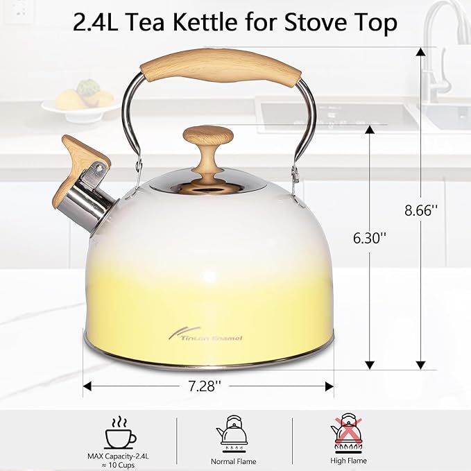 Tea Kettle, 2.5 Quart /2.4 Liter Whistling Tea Kettle，Food Grade Stainless Steel Tea Pot With Folding Handle, Suitable for Induction & Gas Stove,Teapot Stovetop for Tea, Coffee, Milk - Gradient Yellow