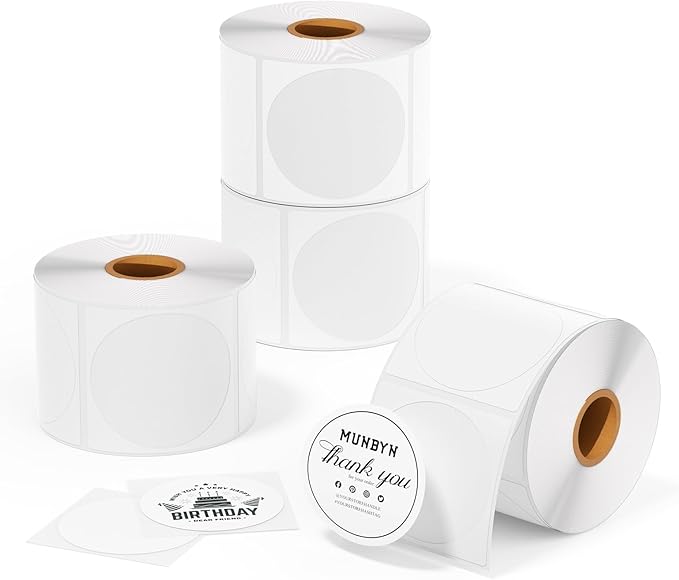 MUNBYN 2 Inch Circle Thermal Sticker Labels, Self-Adhesive Round Labels, Multi-Purpose Roll Thermal Stickers for Business, 4 Rolls/3000 Sheets