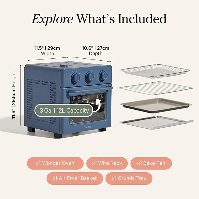 Our Place Wonder Oven | 6-in-1 Stainless Steel Air Fryer Toaster Oven Combo with Basket, Rack, Pan & Tray | Compact 13 QT Countertop Capacity - Toast, Roast, Bake, Reheat, Broil & Steam | Blue Salt