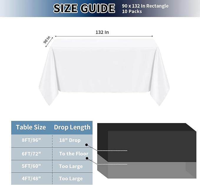 PureFit 10 Pack Rectangle White Table Cloths 90 x 132 Inch for 8Ft Tables, Stain and Wrinkle Resistant Table Linens for Home Use, Wedding, Party, Banquet and Camping