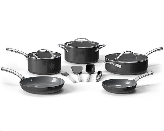 Bakken 12-Piece Aluminum Cookware Set with Ceramic Nonstick Coating, PTFE & PFAS Free, All Stovetop Safe Up To 500°F, Pots and Pans Set with Lids, Silicone Utensils Included, Dishwasher Safe, Black
