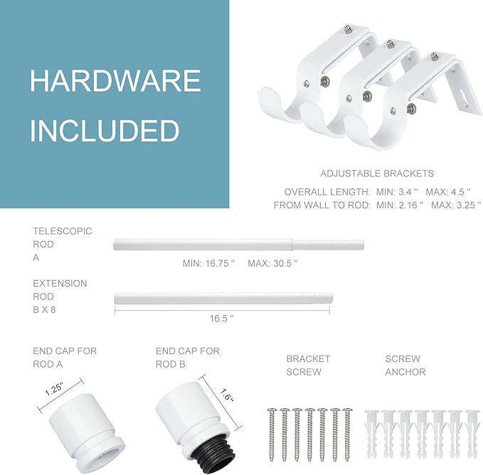 Curtain Rods for Windows 16 to 144 Inches Adjustable Length 1 Inch Diameter Window Curtain Rod with Aluminium End Cap, White