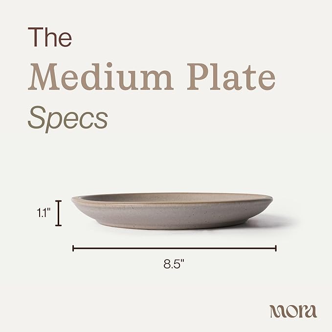 MORA Medium Plates Set of 4, 8.5 inch Ceramic Pottery Salad Plates - Microwave, Oven and Dishwasher Safe - Mushroom