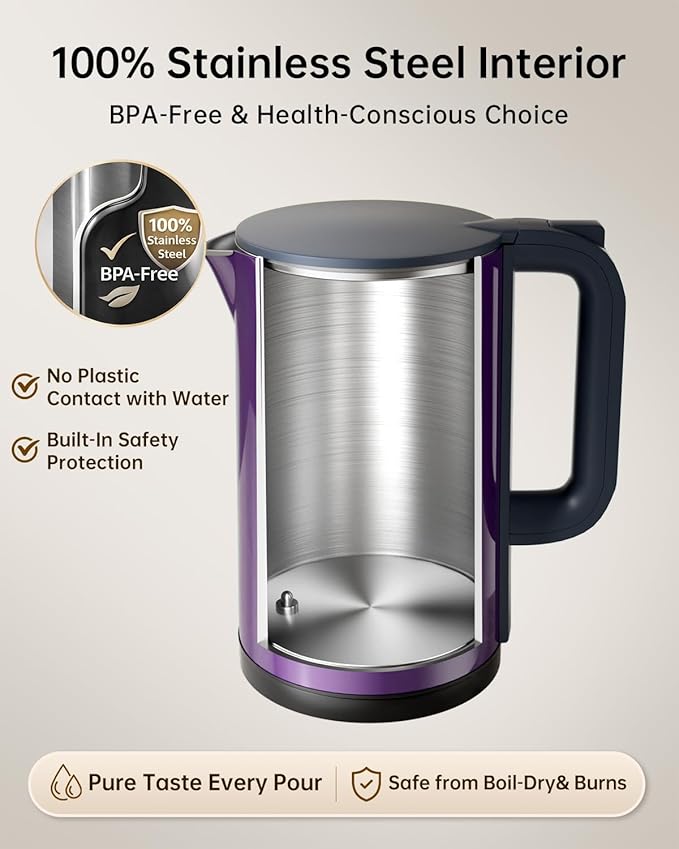 Electric Kettle with Temperature Control, 1.7L Stainless Steel Hot Water Kettle, 5 Presets for Tea & Coffee, 2H Keep Warm, Fast Boil, Auto Shut-Off & Boil-Dry Protection, Cordless Tea Kettle,Purple