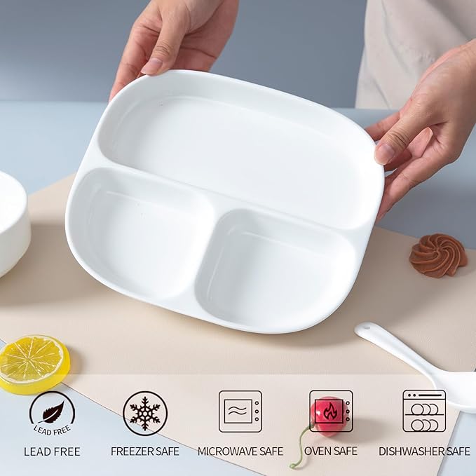 Portion Control Plate - Fine Bone China Porcelain Divided Plates for Adults, Children, Healthy Diet