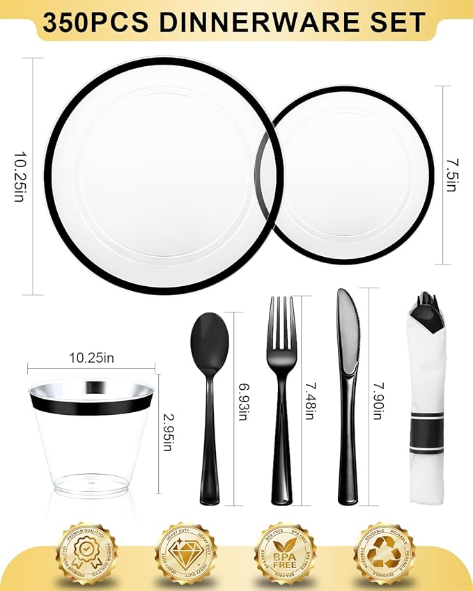350Pcs Clear & Black Plastic Plates for Party, Disposable Dinnerware Set for 50 Guests,100 Plastic Plates,50 Cups, 50 Pre-Rolled Napkins with Cutlery for Party, Wedding, Christmas