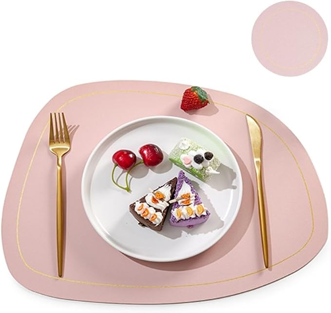 PU Leather Round Placemats and Coasters Easy to Clean Faux Leather Elegant Kitchen Parties Patio Dining Table Place Mat(SP Pink)