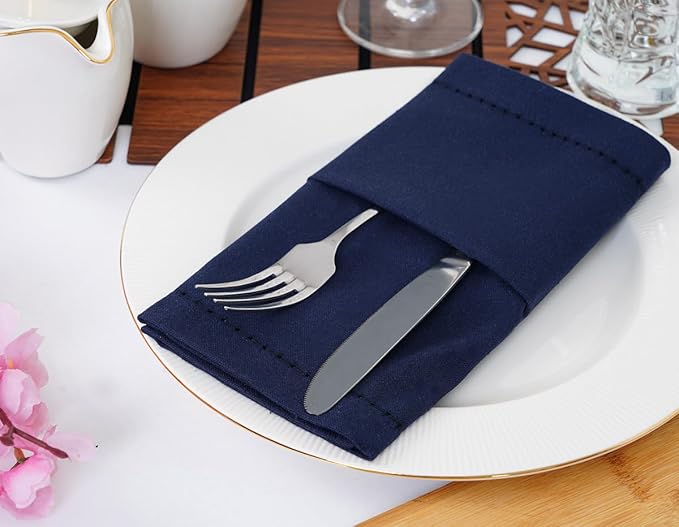 Blue Needles Navy Blue Hemstitch Linen Napkins Set of 12-100% Cotton Cloth Dinner Napkins 18x18 inches, Soft, Reusable, Absorbent, Washable Ideal for Wedding Events, Parties & Everyday Use