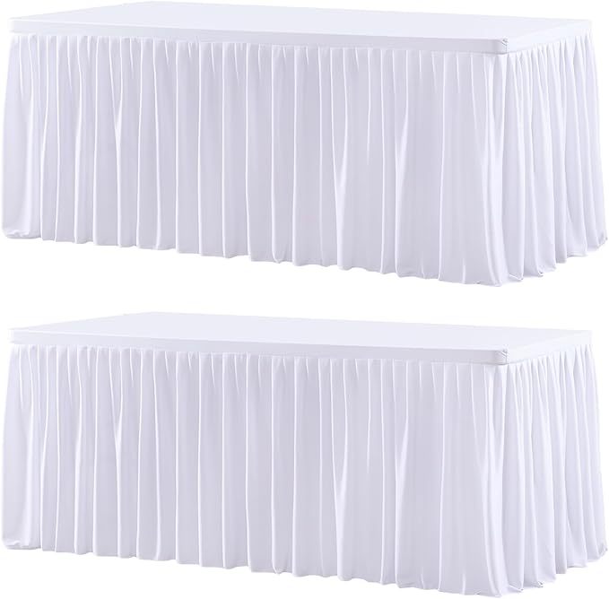 Wish Care 2 Pack White Rectangle Table Clothes for 4 Foot Tables, Polyester Fitted Tablecloths 4ft Stretch Table Cover for Wedding, Birthday, Parties, Trade Show, Craft Show