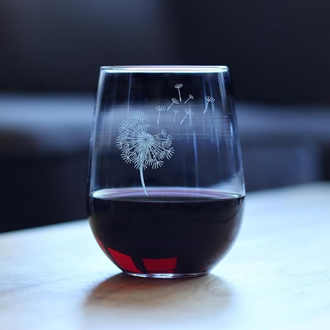 Custom Dandelion Personalized Stemless Wine Glass - Friendship Gifts and Dandelion Flowers Decor for New Beginnings - Large 17 Oz Glasses - Customized Wine Glass Gift