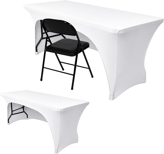Nasitos 2 Pack White 6 ft Table Cloth Fitted-Open Back Spandex Table Covers Fabric Washable and Wrinkle Resistant Stretch Tablecloth for Parties, Wedding, Banquet, Jewelry Trade Show, Craft Fair