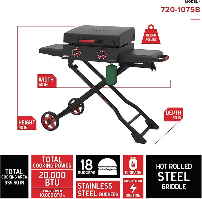 Nexgrill Daytona 2-Burner Propane Flat Top Grill with Foldable Cart – Portable Outdoor Griddle Gas Grill for Camping & Tailgating – 20000 BTUs, 335 SQ. In. Grill for Burgers, BBQ & More - 720-1075B
