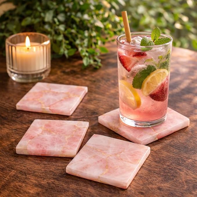 Set of 4 Natural Rose Quartz Coasters Set – Crystal Stone Drink Coasters for Coffee Table Decor, Wine or bar Coasters, Serveware, Housewarming Gifts, Wedding Gifts & Modern Home Decor