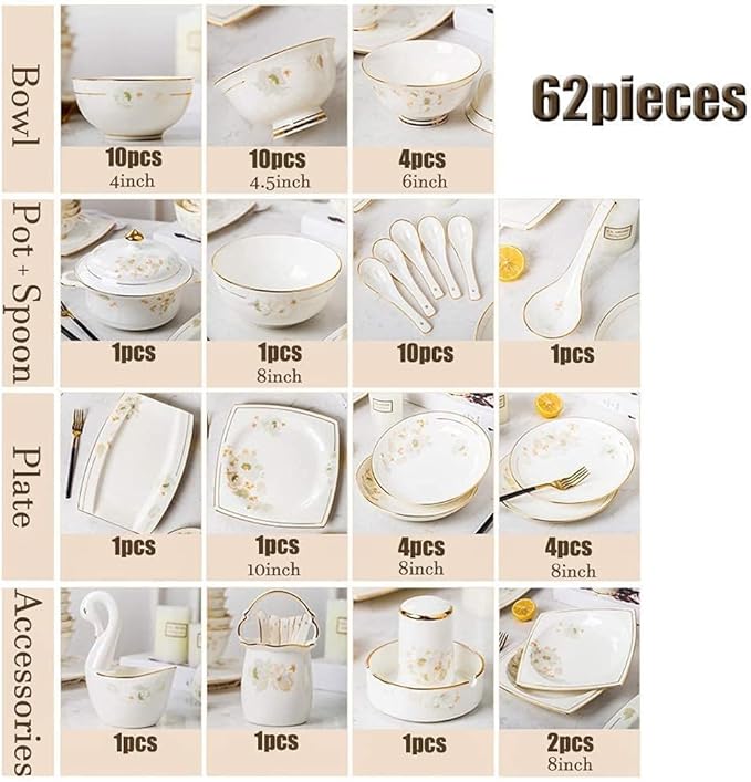 Dinnerware Set, Plates and Bowls Sets, Plate Sets with Dinner Plate, Porcelain Dessert Plate, for Parties, Celebrations, Family Celebrations(62 piecesC)