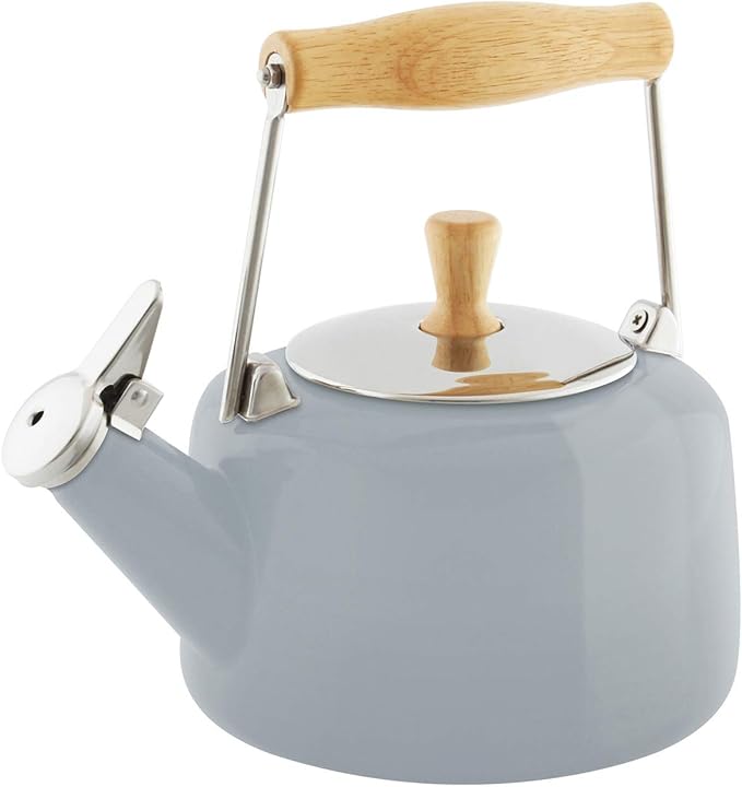Chantal SVEN Enamel on Steel Whistling Teakettle with Natural Wood handle, 1.4 quarts (Fog Grey)