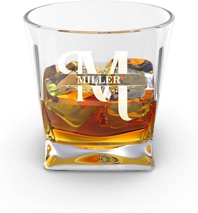 Personalized Engraved Whiskey Glass 10.25 oz – Etched Bourbon Glass with Heavy Base, Old Fashioned Cocktail Glass, Groomsmen & Father’s Day Gift (Whiskey Design 7)