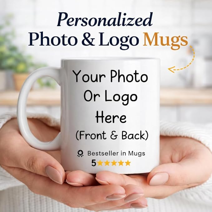 Personalized Photo Coffee Mug – Custom Picture, Text or Company Logo – Unique Gift for Mom, Dad, Friends, Pets – Birthday, Christmas, Anniversary – 11oz Ceramic Mug (Dishwasher & Microwave Safe)