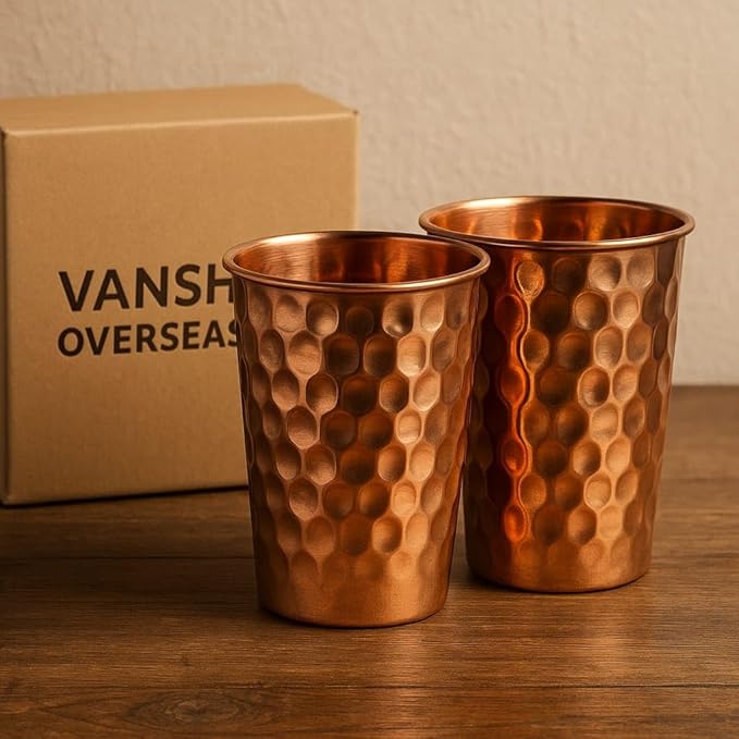 Handcrafted Traditional Hammered Copper Water Glasses – Set of 2 | 300 ml Drinking Tumblers Copper Cups for Home Office Kitchen & Daily Use