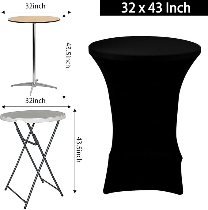6 Pack Cocktail Spandex Tablecloth 32"x43" Black Stretch Square Corners Cocktail Table Cover Fitted High Top Round Table for Bar Wedding Birthday Party Banquet