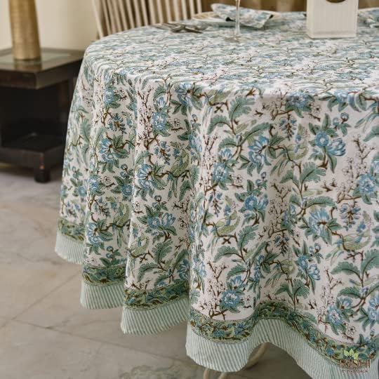 Ridhi Block Print Round Sage and Russian Green Reusable Tablecloth 100% Cotton 132" Inch Decorative Table Cover eveyday Dining, Home, Party, Wedding, Farmhouse Gift for Spring, Easter, Valentine