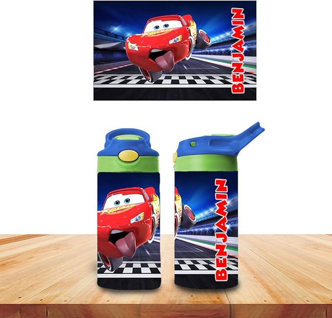 Personalized Movies Kids Water Bottle 12oz Insulated Tumbler with Lid and Custom Name (Cars)
