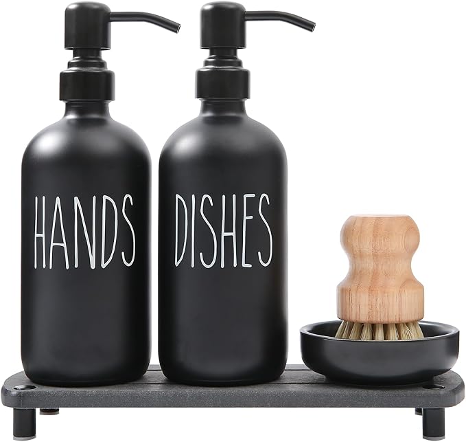 MOMEEMO Matte Black Soap Dispenser Set Comes with Stainless Steel Pumps, Instant Dry Tray, and Dish Scrub Brush, Suitable for Matte Black Kitchen Accessories. (Black)