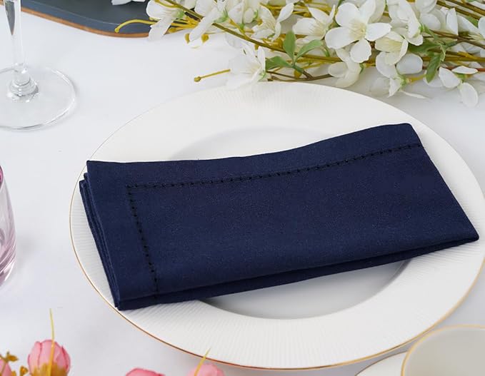 Blue Needles Navy Blue Hemstitch Linen Napkins Set of 12-100% Cotton Cloth Dinner Napkins 18x18 inches, Soft, Reusable, Absorbent, Washable Ideal for Wedding Events, Parties & Everyday Use