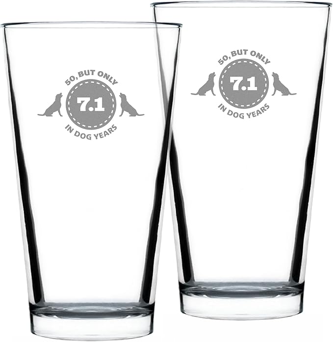 50th Birthday Dog Years - Pint Glass for Beer - Unique Funny Bday Gifts for Women and Men Turning 50 - Set of 2-16 oz Glasses