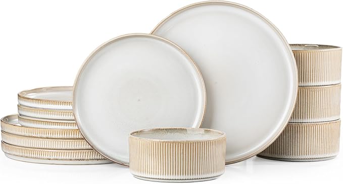 Ceramic Dinnerware Set 12 Piece – Plates and 22oz Bowls Set for 4, Scratch Resistant, Microwave & Dishwasher Safe, Beige