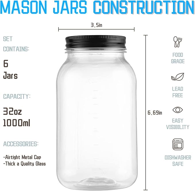 novelinks 32 oz Plastic Mason Storage Jars with Lids, 6 Pack BPA-Free Clear Plastic Jars with Lids 32oz, Leak-Proof Plastic Quart Containers for Kitchen and Home Use (Black)