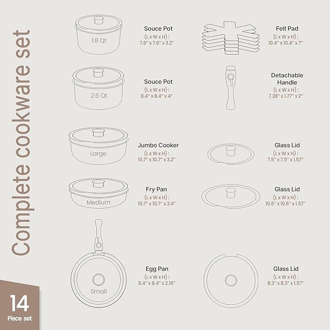 Pots and Pans Set Non Stick Ceramic-Granite – 14-Piece Cookware with Detachable Handles, Stackable Space-Saving, Dishwasher Safe, Oven & All-Stove Safe, Tempered Glass Lids, Black Granite