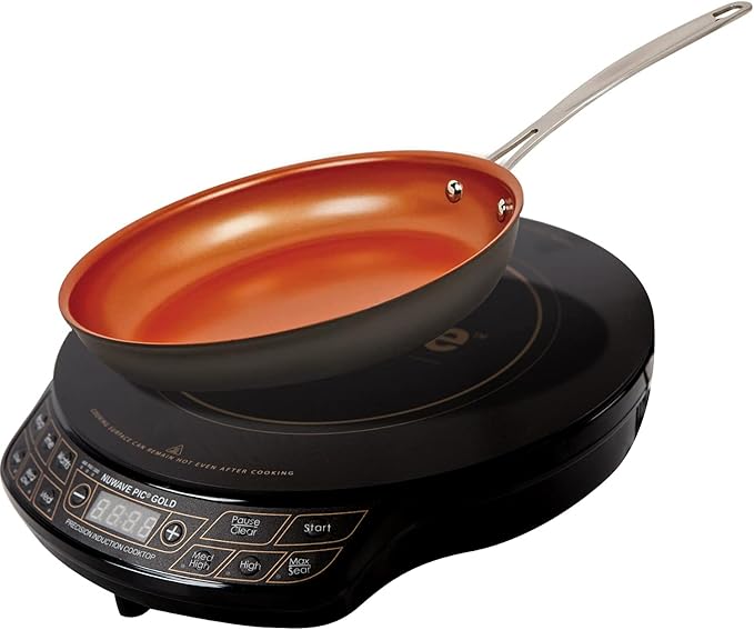 Nuwave Gold Precision Induction Cooktop, Portable, Large 8” Heating Coil, 12” Shatter-Proof Ceramic Glass Surface, 3 Wattage Settings 600, 900, and 1500 Watts, 9” Duralon Non-Stick Fry Pan Included
