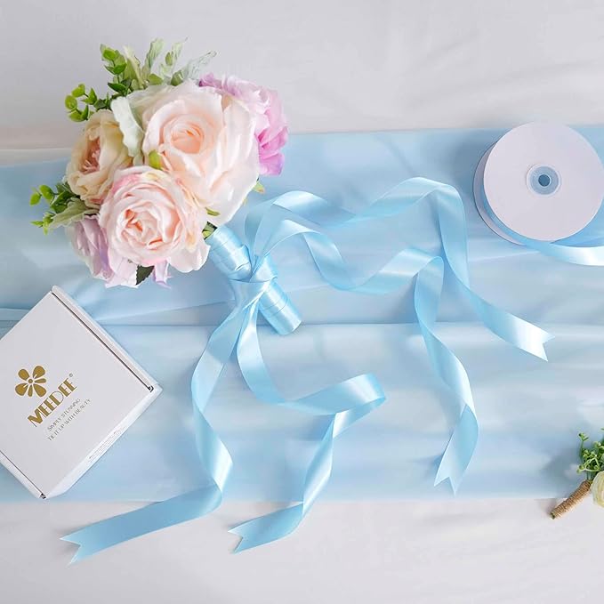 MEEDEE Blue Ribbon 1 Inch Light Blue Satin Ribbon Lux Double Faced Satin Ribbons by 50 Yards Polyester Blue Wrapping Ribbons for Crafts, Weddings, Flower Bouquet, Holiday Decorating