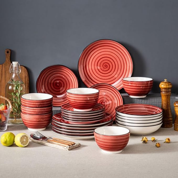 24/48-Piece Handpainted Spirals Stoneware Dinner Combi-Set with Bowl Dessert Plate Soup Plate Dinner Plate(24pcs)