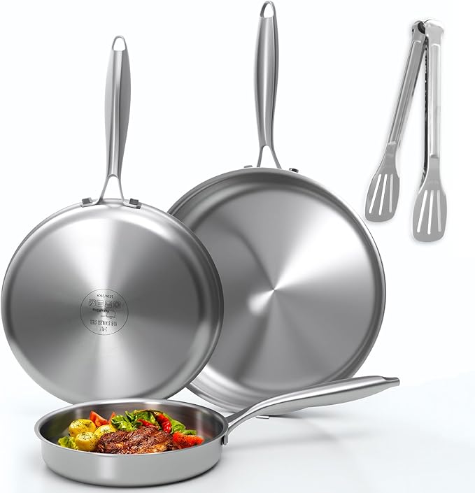 Tri-ply Stainless Steel Frying Pan Set 8" 10" 12" Large Skillet for Chef's Cookware Set, Induction Oven Dishwasher Safe, Compatible with All Cooktops with Kitchen Tongs(Detachable Handle)