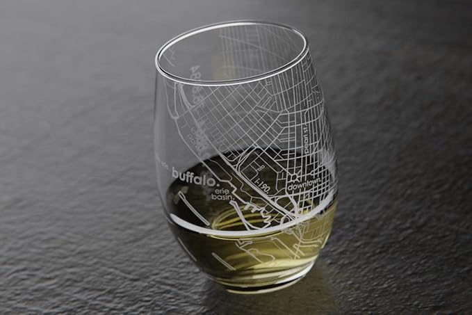 Well Told Engraved Buffalo NY Map Stemless Glass, Custom Etched City Map Wine Glass (15 oz, Clear) for Wine Lovers