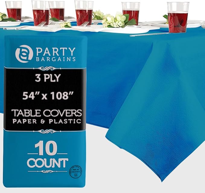 PARTY BARGAINS Disposable Table Covers, 54 x 108 Inch, Blue, 3-Ply Paper & Plastic Spill-Resistant Party Tablecloths, 10 Pack