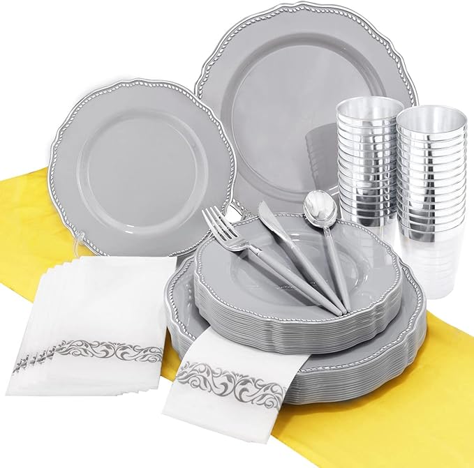 Hioasis 175pcs Grey Plastic Plates&Silver Disposable Silverware with Grey Handle&Clear Cups&Napkins Served for 25 Guests-Grey and Silver Dinnerware for Weddings&Parties,Holiday Events