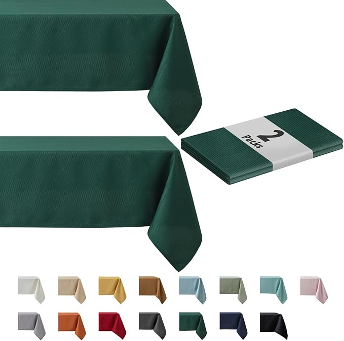 maxmill 2 Pack Rectangle 52 x 70 Inch Hunter Green Textured Christmas Tablecloth Spillproof Wrinkle Free Table Cloth for Kitchen Dining Decoration, Fabric Table Cover for Outdoor and Indoor Use