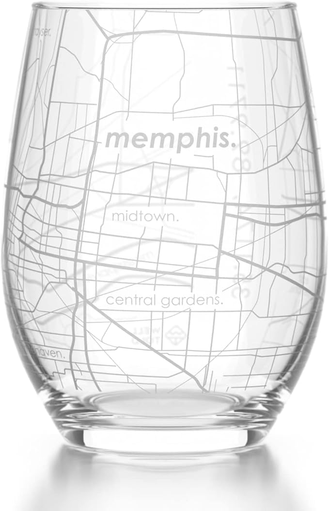Well Told Engraved Memphis Tennessee Map Stemless Wine Glass, Etched Glass (15 oz, Clear) City Custom Gifts for Lovers