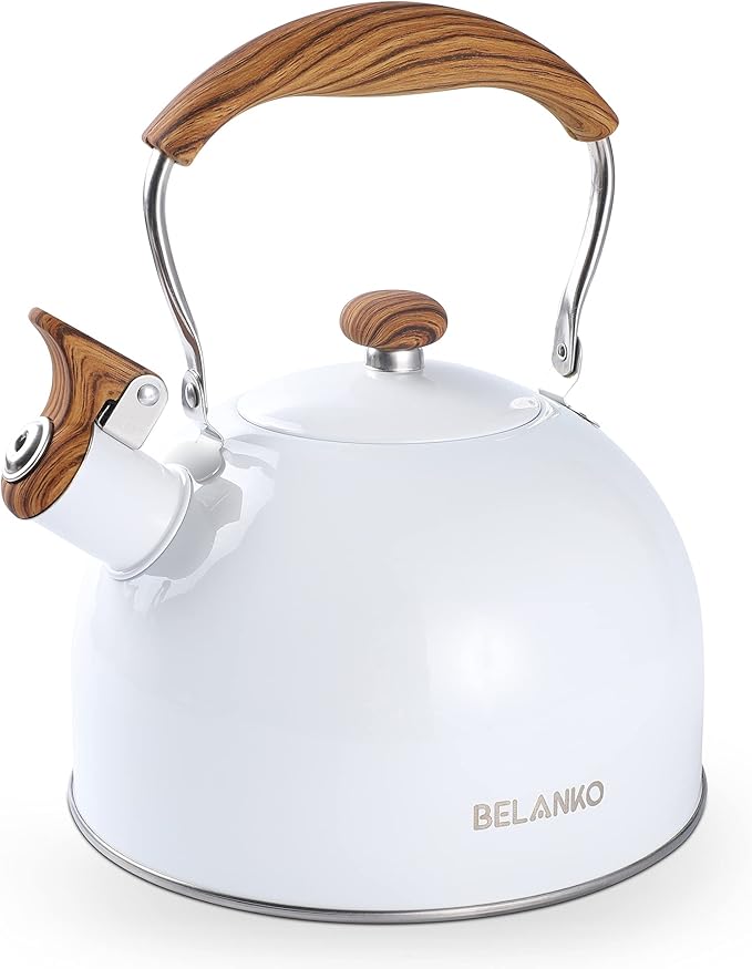 Tea Kettle, BELANKO 85 OZ / 2.5 Liter Whistling Tea Kettle, Tea Pots for Stove Top Food Grade Stainless Steel with Wood Pattern Folding Handle, Loud Whistle Kettle for Tea, Coffee, Milk - Gloss White