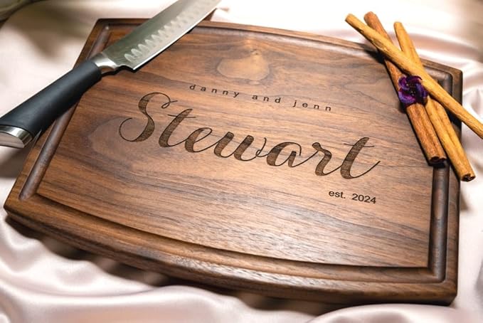 Personalized Cutting Board, Custom Wedding, Anniversary or Housewarming Gift Idea, Wood Engraved Charcuterie, for Couples and Clients, Modern Script Design 081